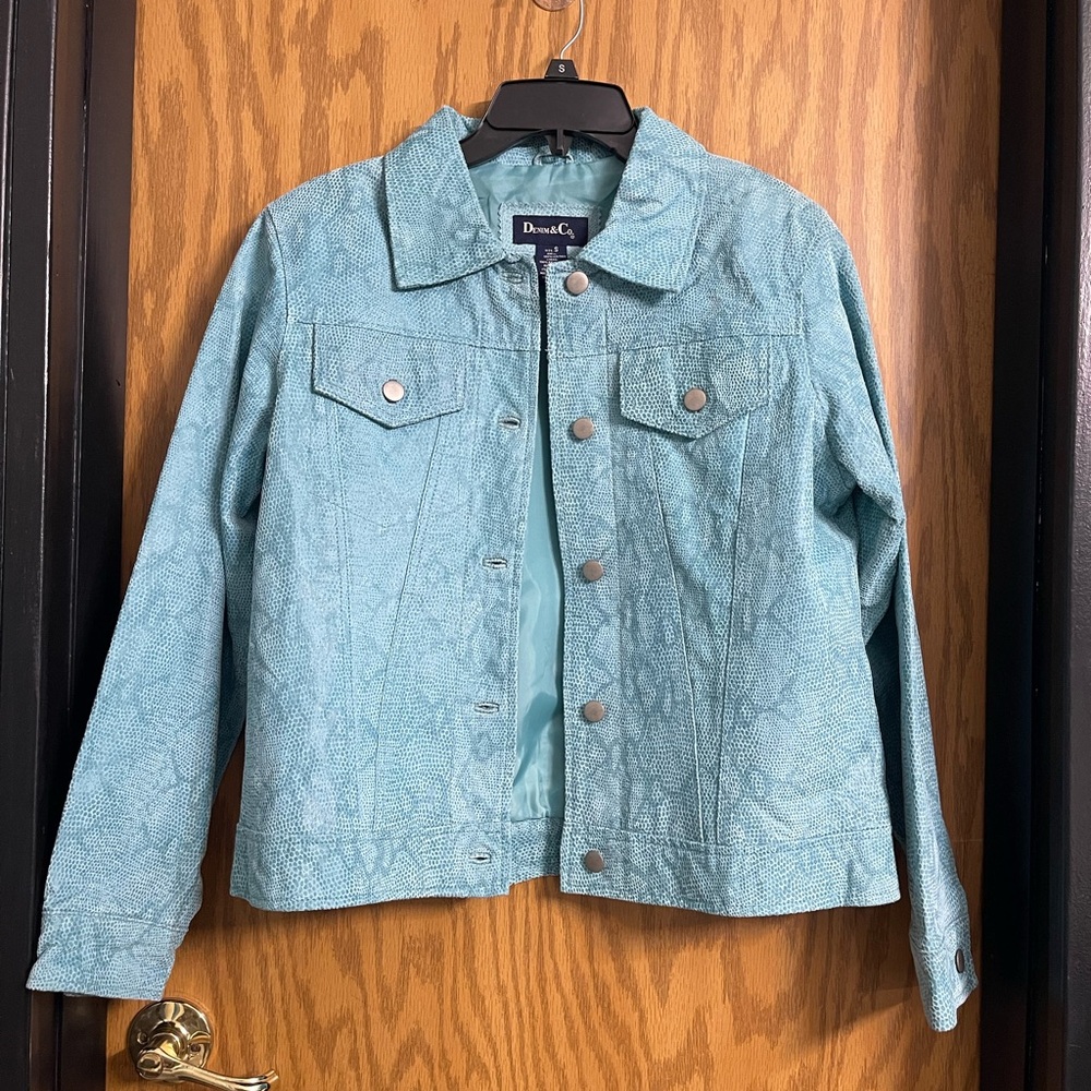 Denim & Co light blue snake skin print leather jacket
